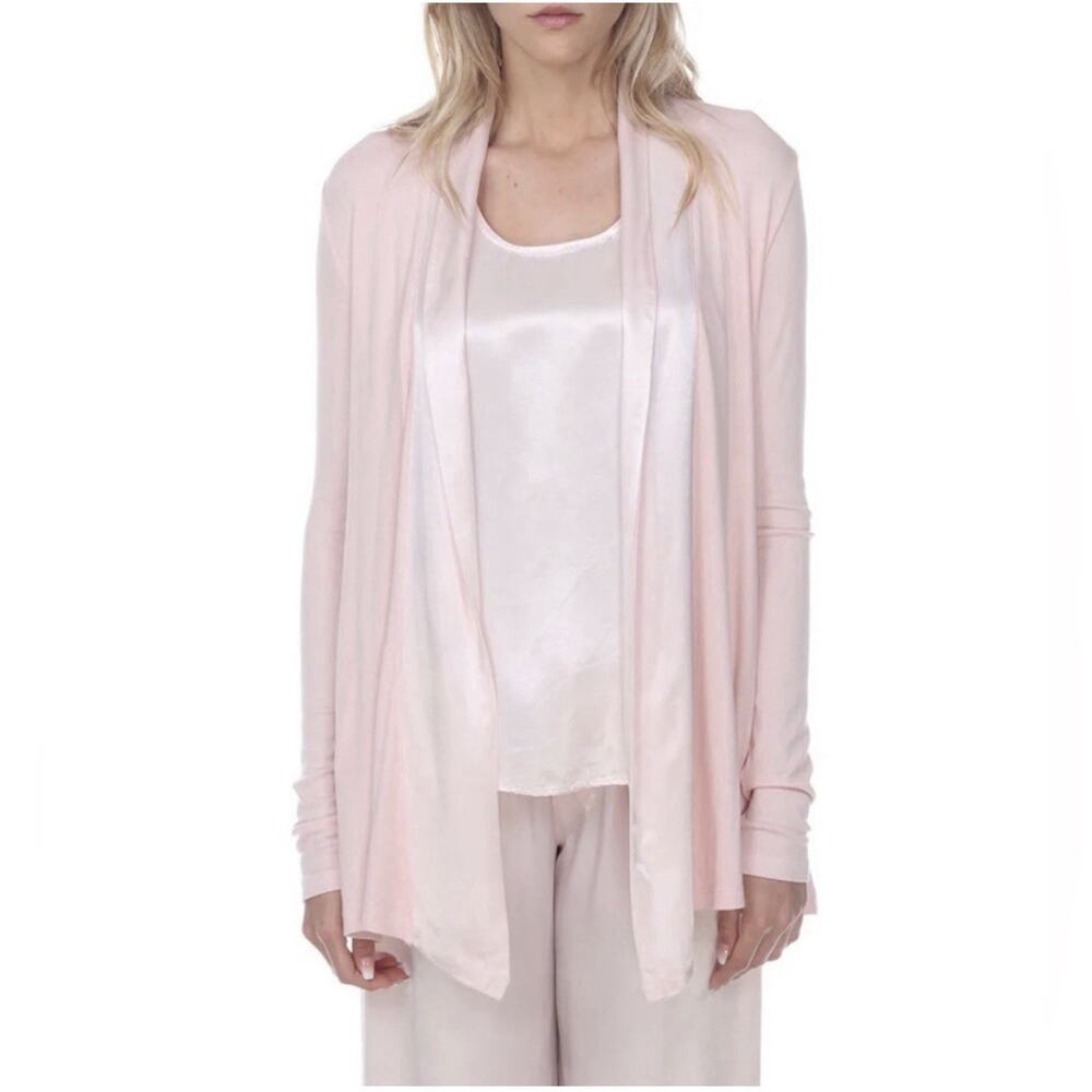 PJ Harlow rib knit cardigan robe with satin trim Size XS pink